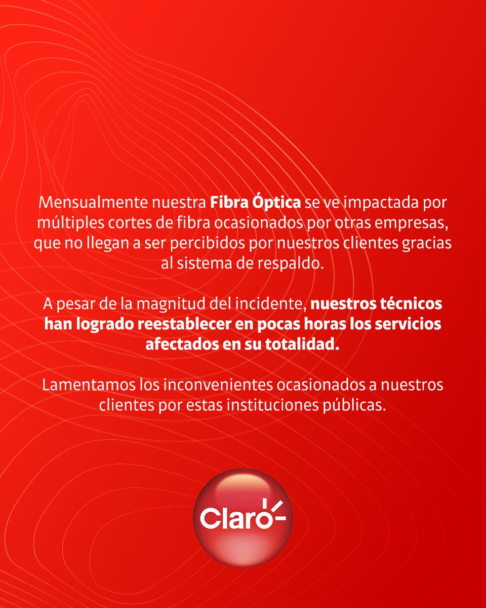 Gracias a la rápida intervención de nuestros técnicos, hemos logrado restablecer por completo los servicios afectados, reafirmando el compromiso de servicio con nuestros clientes. #ClaroRD