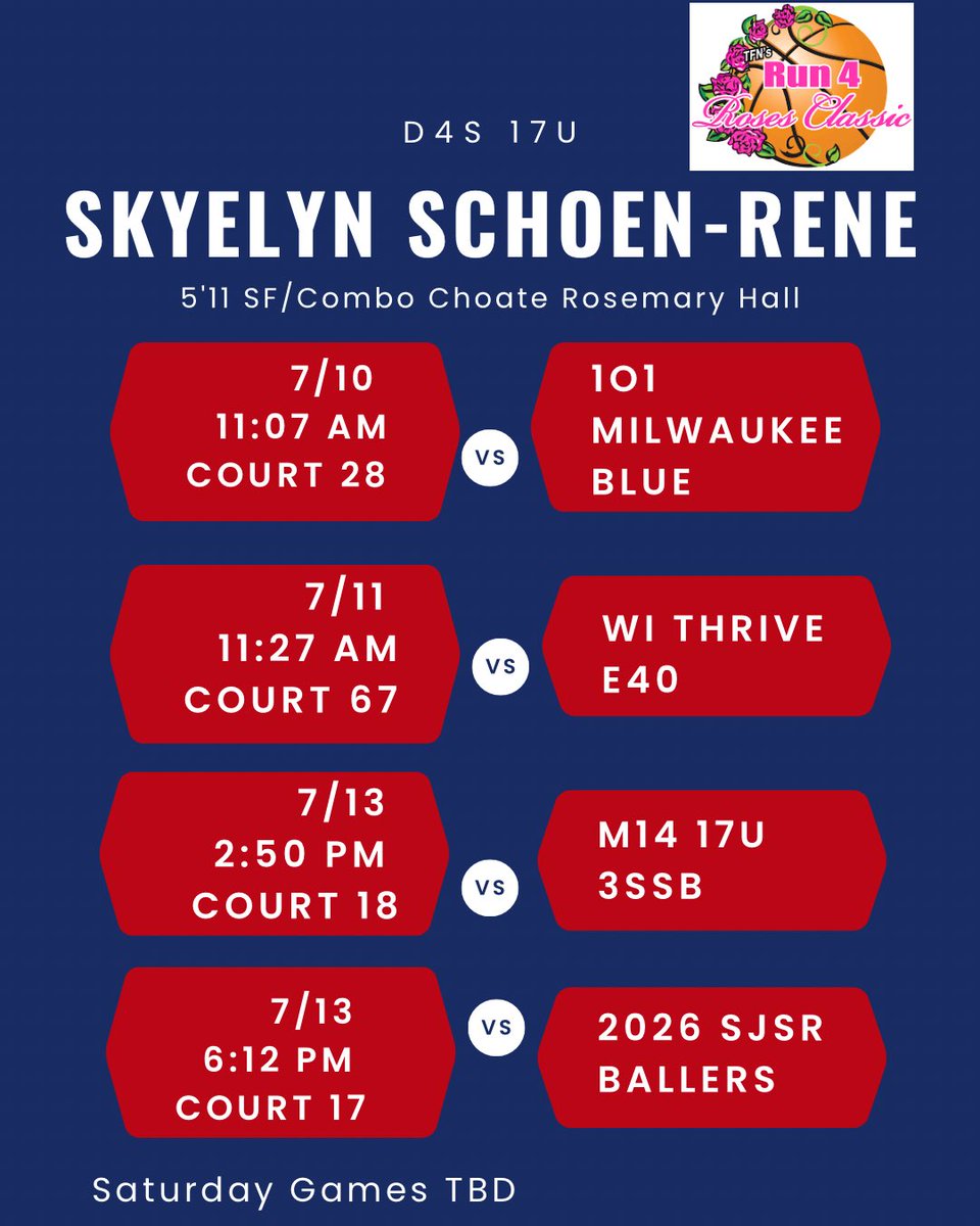 Excited to play with D4S in Run 4 Roses. Here’s my game schedule.
<a href="/NEPSGBCA/">NEPSGBCA</a> 
<a href="/PGHNewEngland/">Prep Girls Hoops New England</a>