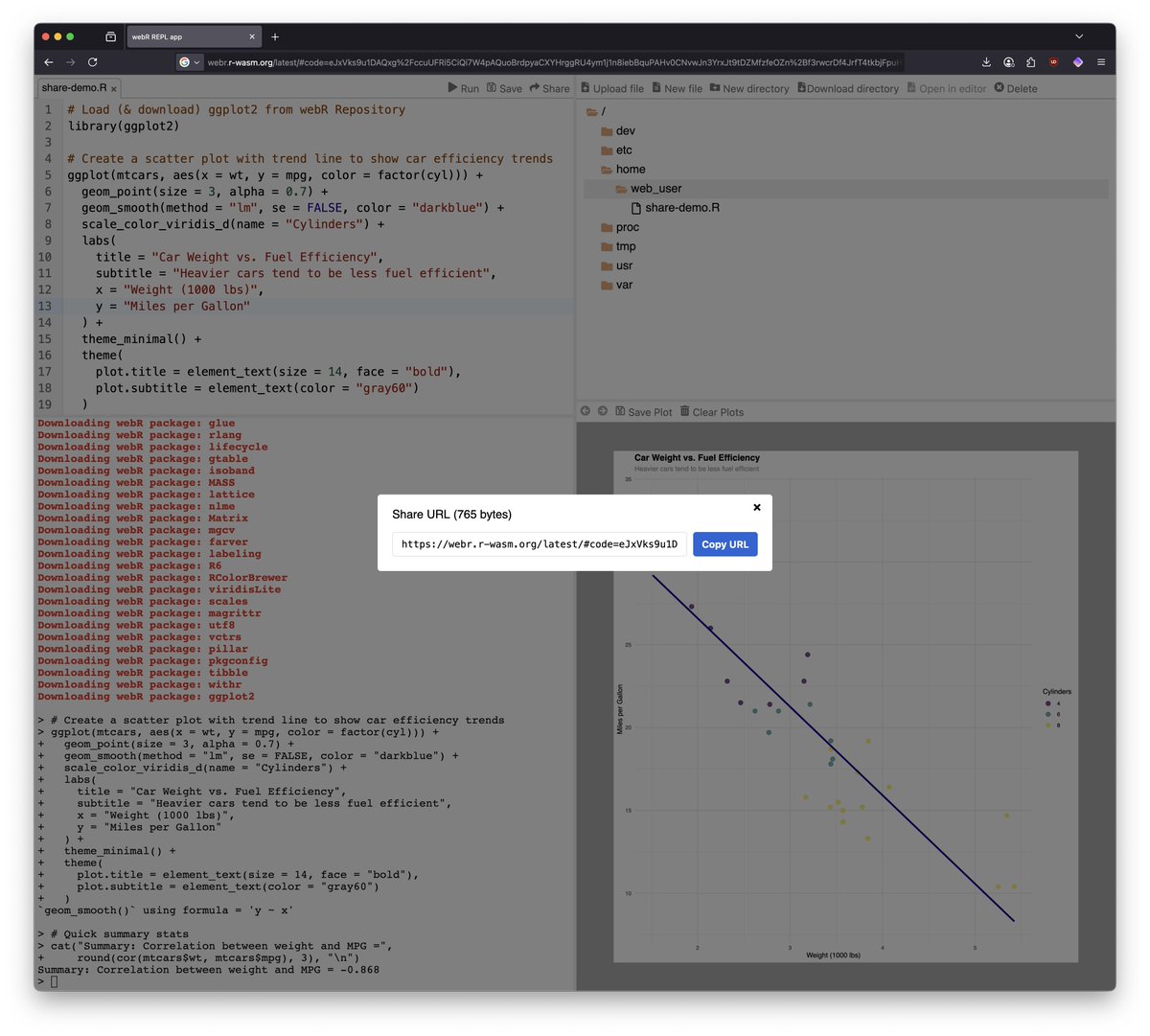 axiomsofxyz's tweet photo. #webR now has shareable links! Just like #Shinylive's editor, you can instantly share #rstats code snippets with colleagues.

Thanks to George Stagg (creator) for adding this awesome feature to webR Latest (0.5.4-dev)!

Try it out with this demo snippet: https://t.co/v6GqoenjC8 https://t.co/uHoTitIIOb