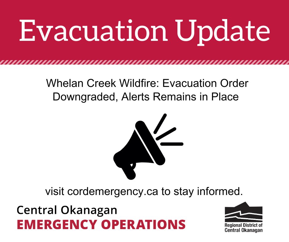 CO_Emerg's tweet image. 🕕Starting at 6pm tonight, residents residing in the evacuation order will be able to return to their homes. 7 properties will be downgraded to an evacuation alert & the previous addresses on alert will remain in place for the #WhelanCreekWildfire
🔗cordemergency.ca/updates/whelan…