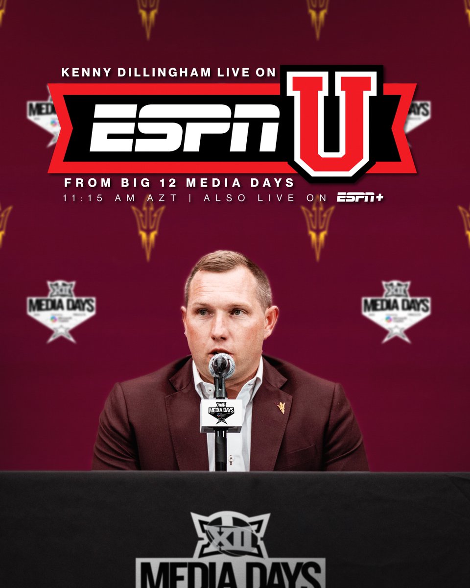 Hear from Head Coach Kenny Dillingham live from <a href="/Big12Conference/">Big 12 Conference</a> media days tomorrow at 11:15 AM AZT on <a href="/ESPNU/">ESPNU</a> 

#ForksUp /// #Big12MediaDays