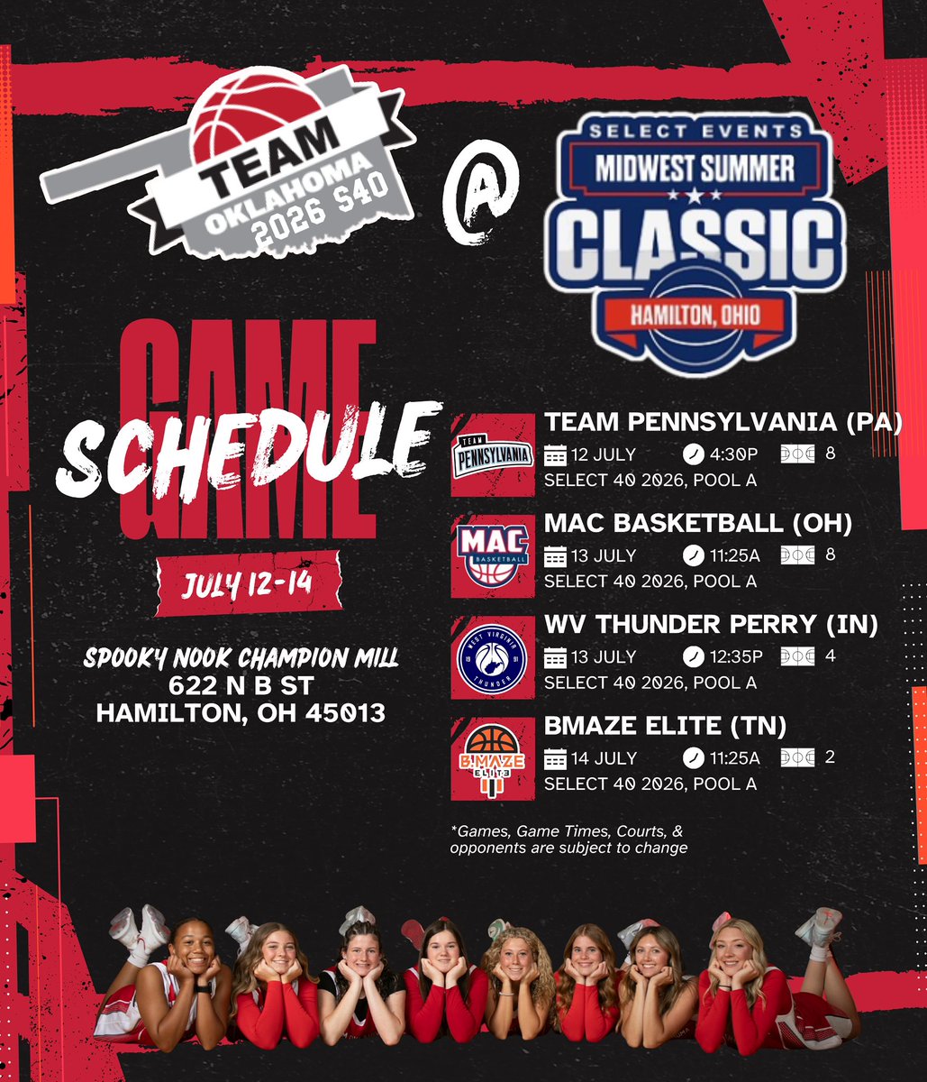 Team Oklahoma Girls Basketball (@teamokgirlsbb) on Twitter photo 🚗🚙 17u (S40) Road Trip 💨💨
📍Hamilton, OH
🏀 <a href="/SelectEventsBB/">Select Events Basketball</a>
🗓️July 10th-21st
1️⃣Super Select Showcase (July 10-12)
2️⃣Midwest Summer Classic (July 12-14)
3️⃣P24/S40 Finale (July 18-21) 🚗🚙 17u (S40) Road Trip 💨💨
📍Hamilton, OH
🏀 <a href="/SelectEventsBB/">Select Events Basketball</a>
🗓️July 10th-21st
1️⃣Super Select Showcase (July 10-12)
2️⃣Midwest Summer Classic (July 12-14)
3️⃣P24/S40 Finale (July 18-21)