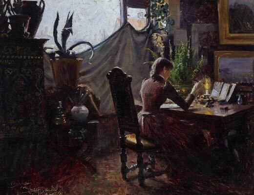 Paul Fischer  (1860 - 1934)

The artist's wife Dagny Fischer (1867–1920) seals a letter in the home on Filippavej