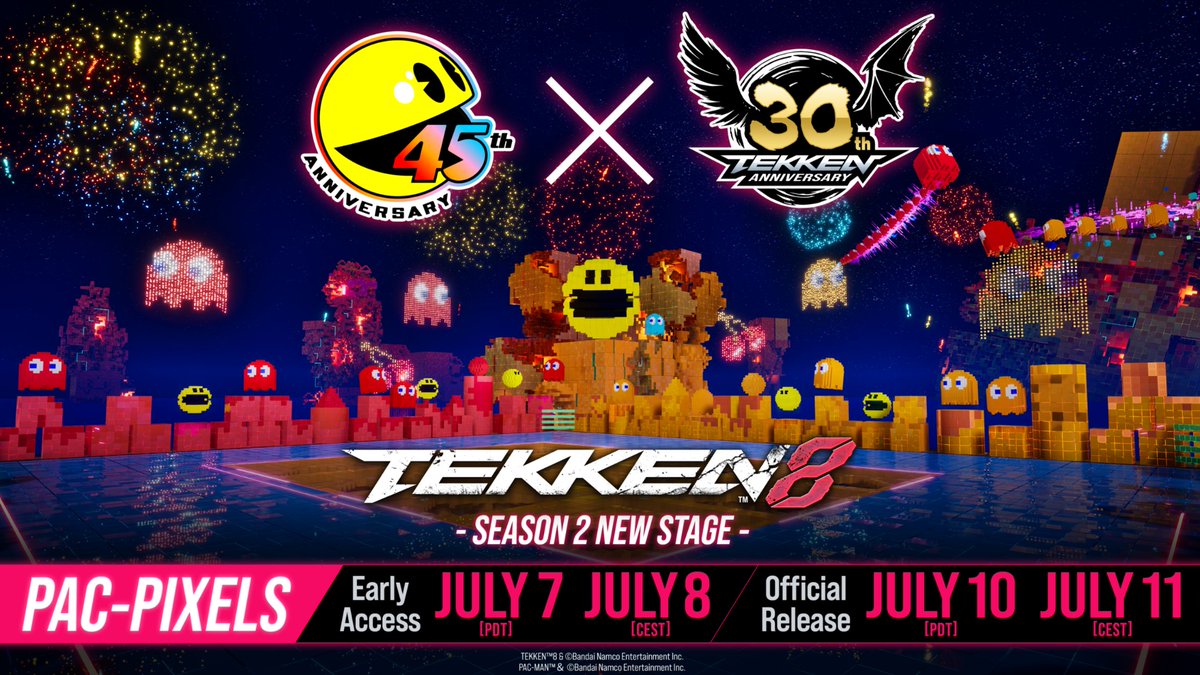 Time to fight in this pixel-perfect arena ✨ #TEKKEN8

The 🟡PAC-PIXELS🟡 Stage is now available in early access for the Season 2 Character &amp; Pass holders!