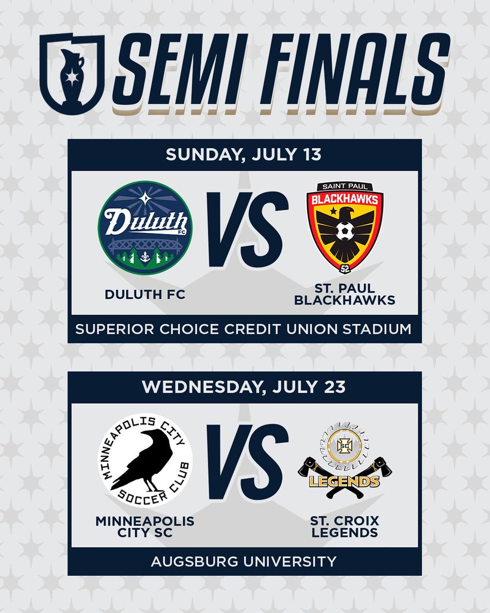 MNSuperCup's tweet image. It’s time! After a long summer group stage and the qualifiers, the Minnesota Super Cup has been narrowed down to 4 incredible clubs — Duluth FC clash with the Blackhawks this Sunday at 4PM, while Minneapolis City SC battle it out with the St. Croix Legends on July 23rd at 7PM.…