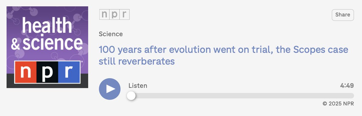 100 years later, the Scopes "Monkey Trial" still matters. I was happy to provide a few comments about the current state of affairs for All Things Considered on NPR:

npr.org/player/embed/n…