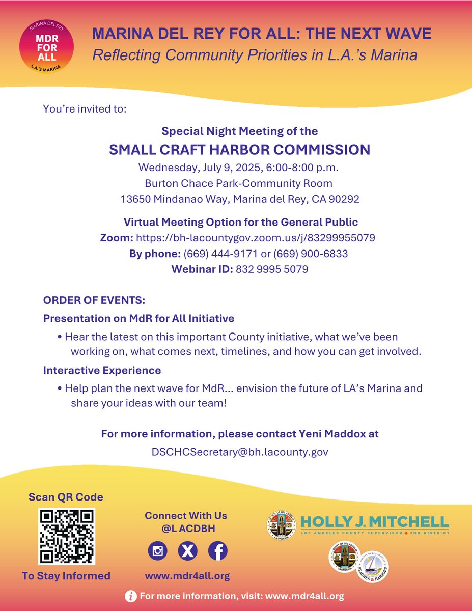 Join us this Wed, July 9, 6-8 pm to learn about the Next Wave of the Marina del Rey for All initiative!  In-person @ Burton Chace Park or via Zoom. For more info, visit: bit.ly/small-craft