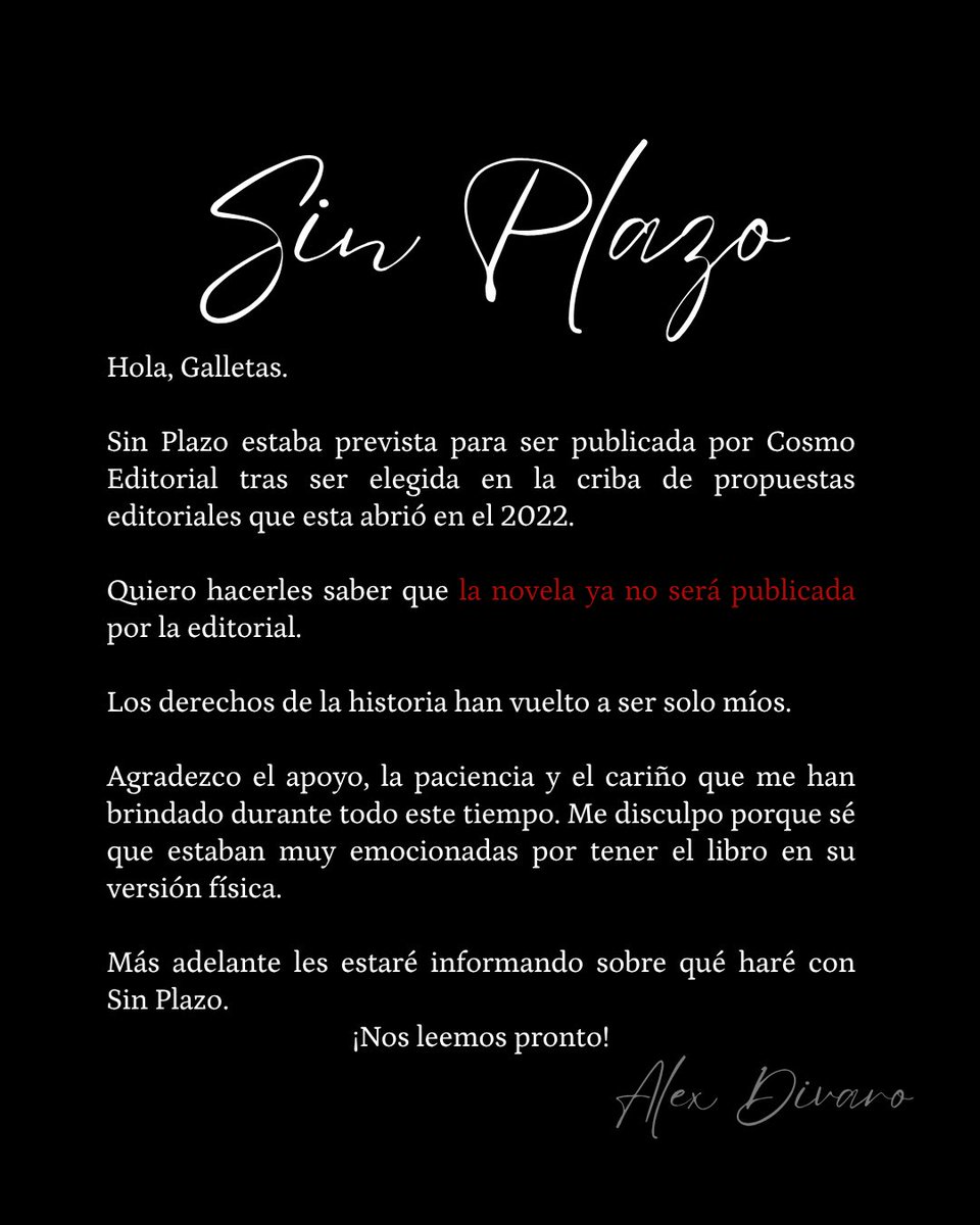 AlexDivaro's tweet photo. Sin plazo ya no será publicado por Cosmo editorial. https://t.co/ZkLxgk6s45