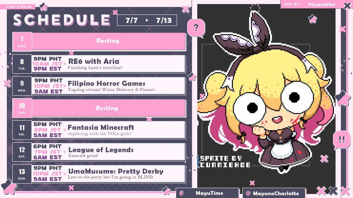 mayunocharlotte's tweet photo. 🎀 𝓢𝓬𝓱𝓮𝓭𝓾𝓵𝓮 🎀
i fixed my sleep schedule! let's celebrate with a bunch of streams! waiting rooms are ready!
ヾ( ˃ᴗ˂ )◞ • *✰

General: #MayunoCharlotte
Art: #ArtLotte
Live: #MayuTime
Fan: #Charlings
🔞: #Charlust https://t.co/y61oE8trHz