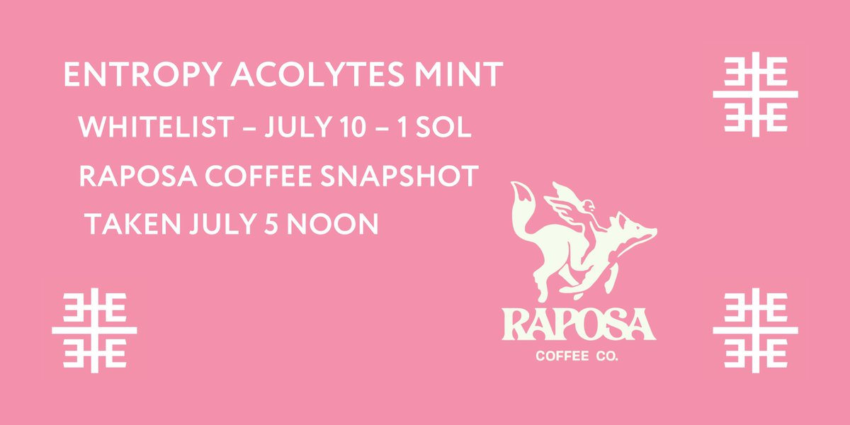 justentropylol's tweet image. WHITELIST ANNOUNCEMENT

ALL @RAPOSACOFFECO HOLDERS

LISTED/DELISTED

SNAPSHOT WAS JULY 5

MINT JULY 10 – 1 SOL

ANNOUNCEMENTS IN DISCORD 👇