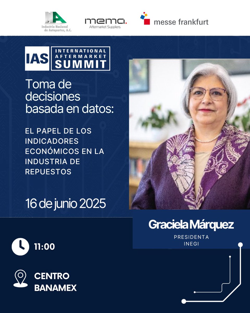 INA Industria Nacional de Autopartes, A.C. (@inaoficialmx) on Twitter photo 📢 ¡Conferencia Magistral en el IAS 2025!
No te pierdas la participación de <a href="/GMarquezColin/">Graciela Márquez Colín</a>, Presidenta del INEGI quien platicará sobre el papel de los indicadores económicos en la industria de repuestos.
Inscríbete hoy y asegura tu lugar 👉 ow.ly/mkIJ50VWP1Z 📢 ¡Conferencia Magistral en el IAS 2025!
No te pierdas la participación de <a href="/GMarquezColin/">Graciela Márquez Colín</a>, Presidenta del INEGI quien platicará sobre el papel de los indicadores económicos en la industria de repuestos.
Inscríbete hoy y asegura tu lugar 👉 ow.ly/mkIJ50VWP1Z