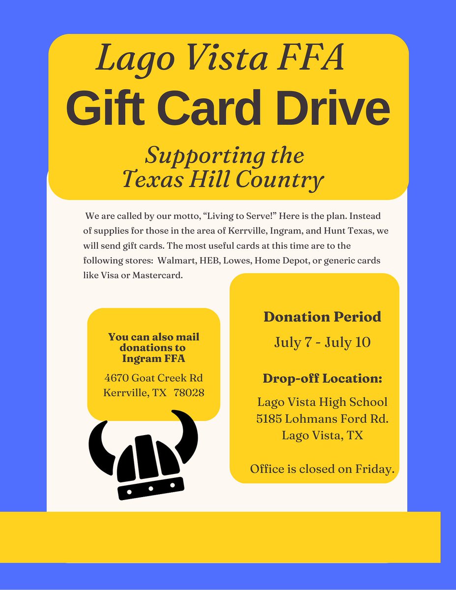 Lago Vista ISD (@lagovistaisd) on Twitter photo Lago Vista FFA has set up a gift card drive for those affected by the recent floods in the Kerrville, Ingram, and Hunt areas. Please see the attached flyer for more info. Questions can be directed to Mrs. Standiford at sstandiford@lagovistaisd.net
#TexasStrong Lago Vista FFA has set up a gift card drive for those affected by the recent floods in the Kerrville, Ingram, and Hunt areas. Please see the attached flyer for more info. Questions can be directed to Mrs. Standiford at sstandiford@lagovistaisd.net
#TexasStrong
