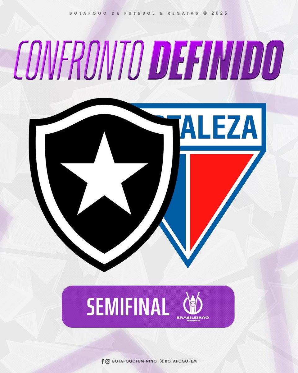 SEMIFINAL DEFINIDA! ⚔️⚽️
O Botafogo enfrentará o Fortaleza nas semifinais do Campeonato Brasileiro A2. As datas-base disponibilizadas pela Confederação Brasileira de Futebol, CBF, são 09/08 e 16/08. BORA, #GLORIOSAS! 🔥👊🏽 #VamosGLORIOSAS