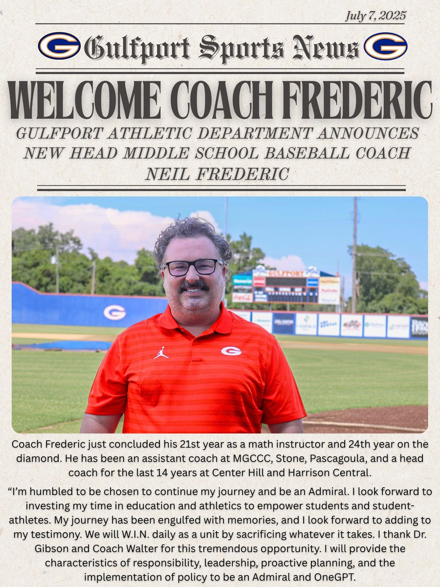 Admiral AD (@hooyah_ad) on Twitter photo 📢📢 BIG NEWS from Gulfport Athletics!
A new era has begun on the ⚾️diamond!
Meet our NEW High School Head Coach Myles Gentry and NEW Middle School Head Coach Neil Frederic #OneGPT
Welcome coaches to the Admiral family!
<a href="/GulfportSchools/">Gulfport School Dist</a> <a href="/CityofGulfport/">City of Gulfport</a> 📢📢 BIG NEWS from Gulfport Athletics!
A new era has begun on the ⚾️diamond!
Meet our NEW High School Head Coach Myles Gentry and NEW Middle School Head Coach Neil Frederic #OneGPT
Welcome coaches to the Admiral family!
<a href="/GulfportSchools/">Gulfport School Dist</a> <a href="/CityofGulfport/">City of Gulfport</a>