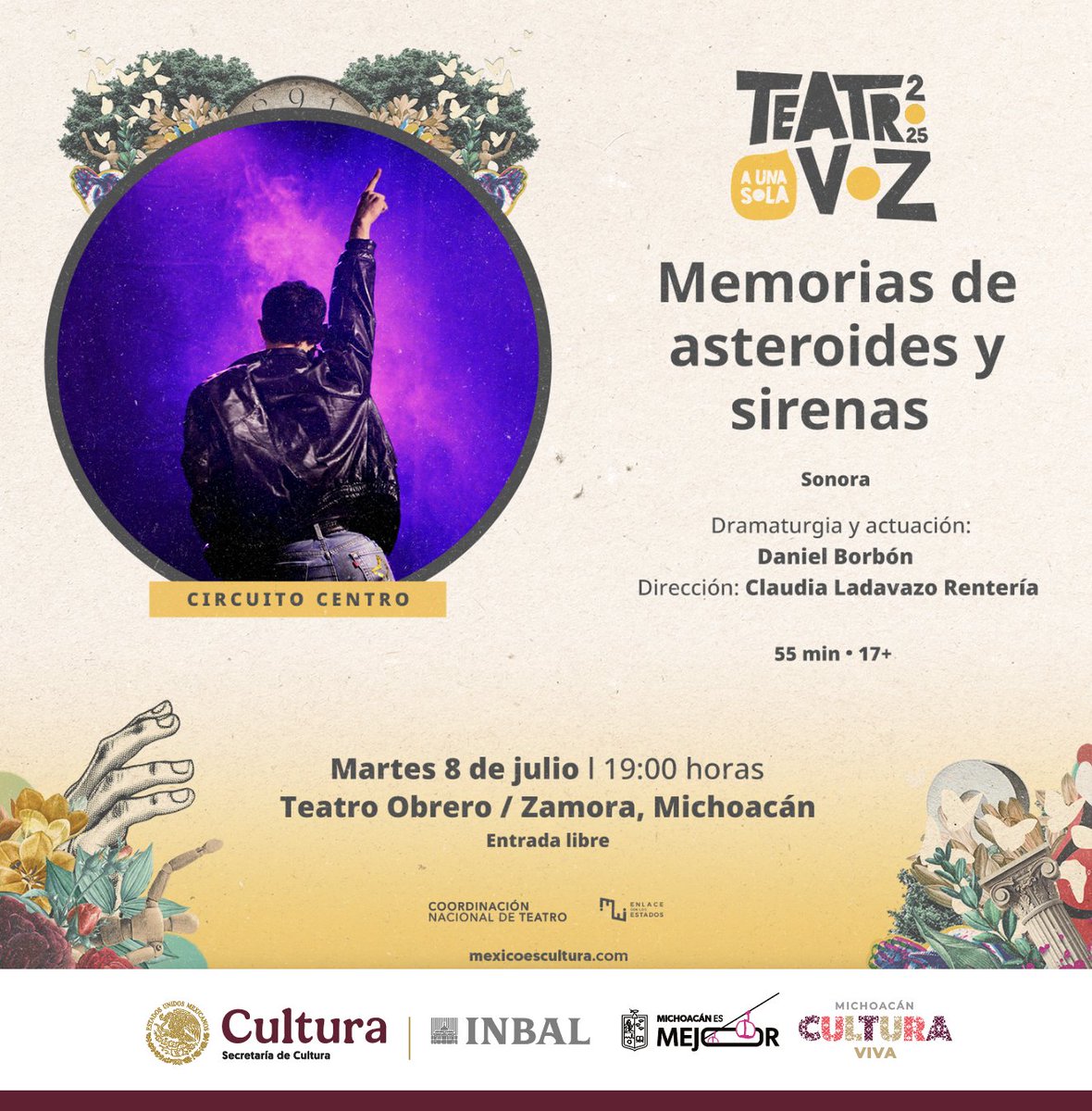 🎭 ¡El Festival <a href="/teatroa1solavoz/">Teatro a Una Sola Voz</a> llega a #Zamora! El Teatro Obrero abre sus puertas para recibir desde #Sonora el unipersonal “Memorias de Asteroides y Sirenas”, de Daniel Borbón, una puesta en escena que navega por la memoria, el dolor y la resiliencia. 
#MichoacánCulturaViva