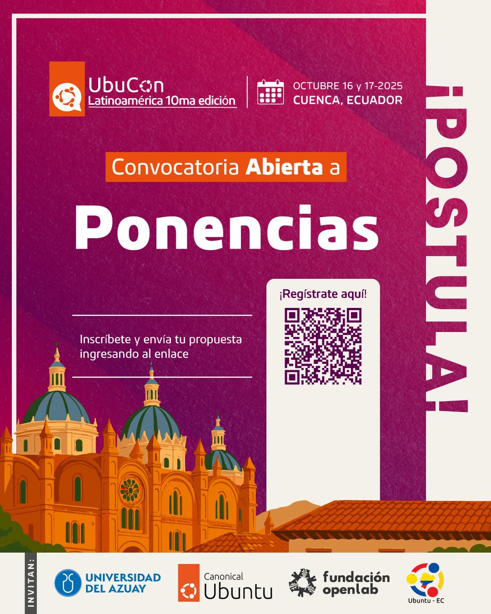 🚀 UbuCon Latinoamérica 2025

🗓️15-17 OCT
📍Cuenca 🇪🇨 
🎯10ma edición histórica

Buscamos ponencias en:
- IA y Machine Learning
- Contenedores y Kubernetes
- Seguridad informática y ciberseguridad
- Desarrollo de software libre
- DevOps y automatización
- IoT y hardware abierto
-