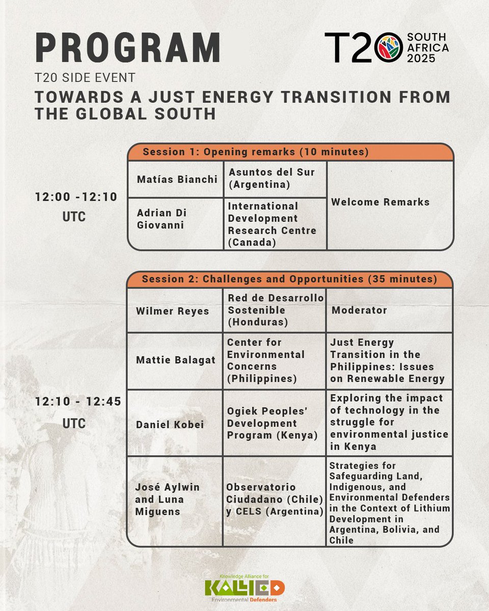 AsuntosDelSur's tweet image. ✳️ Voices from the Global South take the stage at the #T20!
Activists & orgs unite to push for a just energy transition and stronger protection for environmental defenders. 🌱
🗓️ Don’t miss it — register now!
🔗 bit.ly/SideEventT2020…