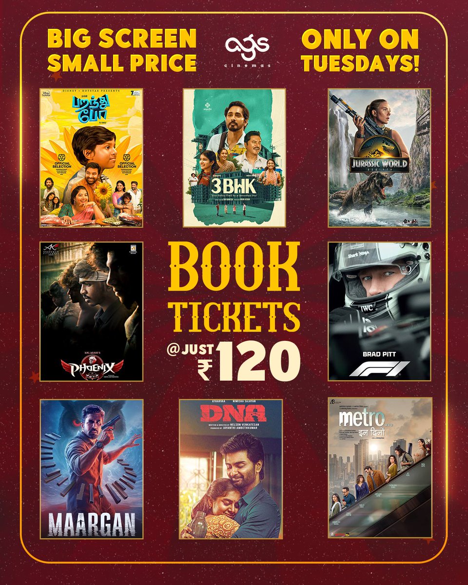Who said only weekends are for movies? Get your tickets for just 120 every Tuesday! 🎫

Book your tickets now 🎟️ 

🔗linktr.ee/agscinemasbook…

#ParanthuPo #3BHK #JurassicWorldRebirth #PhoenixVeezhan #F1TheMovie #Maargan #DNA #MetroInDino #AGSCinemas #BookNow