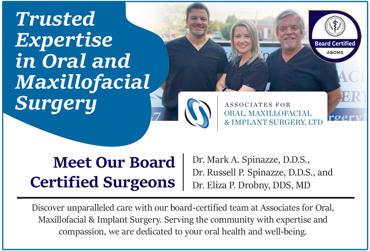 OralSurgIl's tweet photo. Congrats to Drs. Mark A. Spinazze, Russell P. Spinazze &amp; Eliza P. Drobny on earning ABOMS Board Certification! Proud to deliver top-tier care at Associates for Oral, Maxillofacial &amp; Implant Surgery in Mt. Prospect, IL.
#ABOMS #OralSurgery #MtProspect #BoardCertified https://t.co/IxJzqpwyw3
