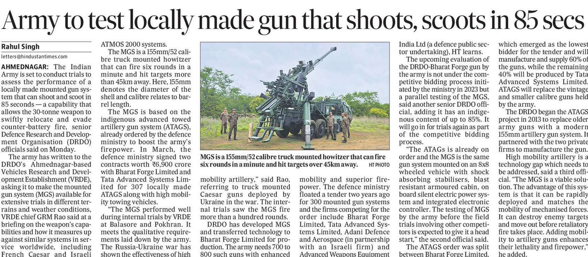 rahulsinghx's tweet image. The 30-tonne gun system can hit targets 45 km away &amp;amp; swiftly relocate to evade counter-battery fire. Reporting from Ahmednagar:
hindustantimes.com/india-news/arm…