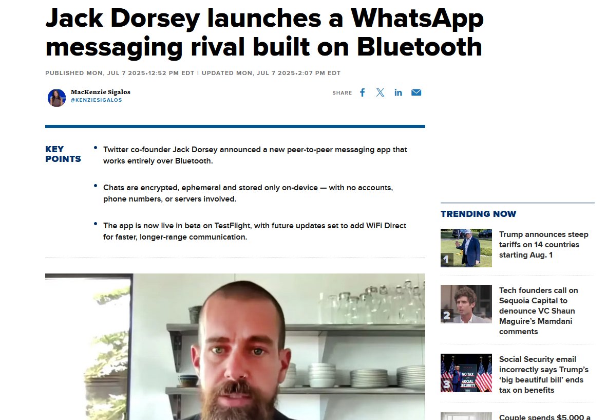جک دورسی، موسس توییتر و square/block میگه یه اپ پیام‌رسان جدید ساخته به اسم bitchat که کاملا با بلوتوز کار میکنه و به هیچ سروری احتیاج نداره (decentralized هست). فعلا ورژن بتاست

اگه اینطور باشه، دیگه هیچ حکومت جنایتکاری مثل ج.ا نمیتونه با قطع کردن اینترنت جلوی مردم را بگیره