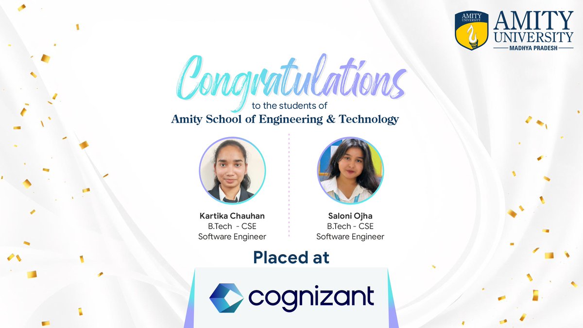 Congratulations to the students of B. Tech (CSE) for securing campus placements at #Cognizant.

We are proud of their achievements and wish them continued success.

#AmityUniversityMadhyaPradesh #Gwalior #CampusPlacement #EngineeringPlacement