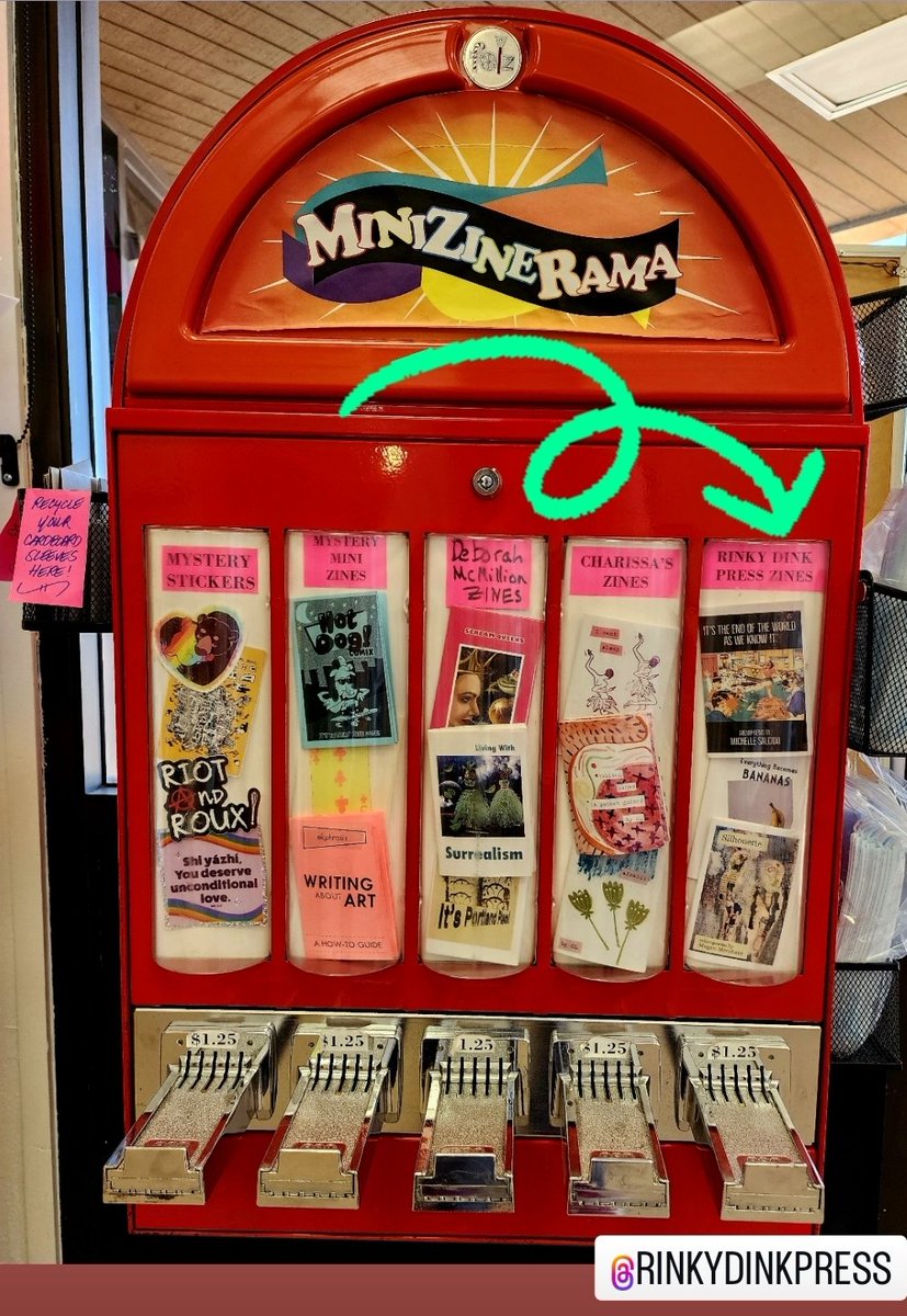 We were proud to show one of our newest authors Megan Merchant that some of our zines are in the ZineRama machine at Wasted Ink Zine Distro in Phoenix.
REMINDER that rinky dink press is still open for submissions til the end of this month.