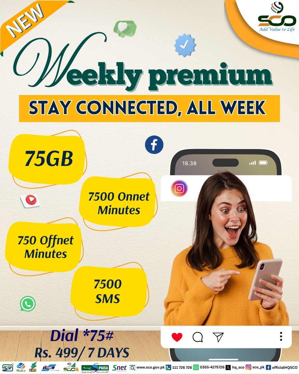 hq_sco's tweet image. Our Weekly premium offer allows you to stay entertained and connected with your loved ones wherever you are
For Activation Dial *75#

#SCOM #4G #Addvaluetolife #DigitalPakistan #AJK #GB #SCO #ActivateNow