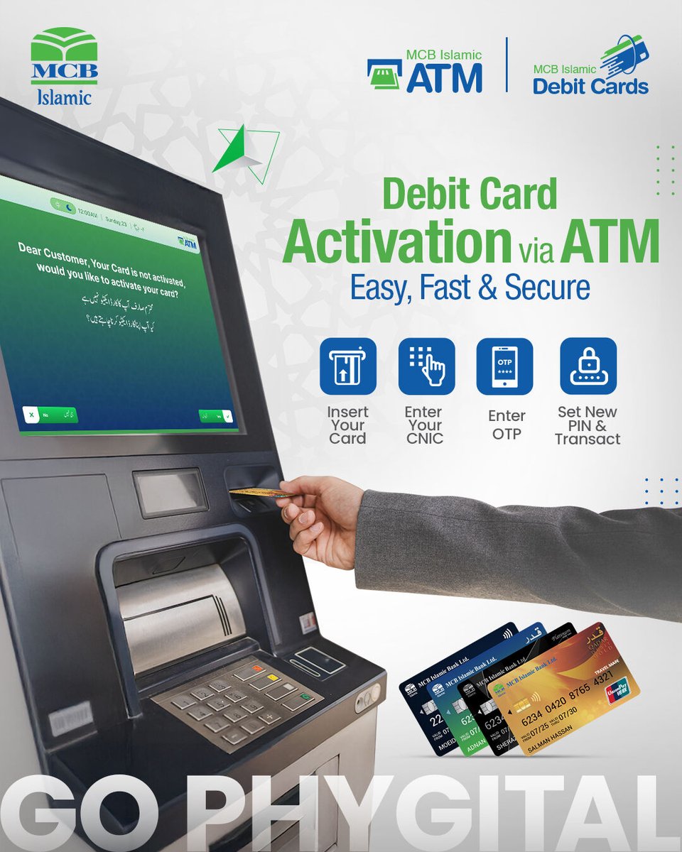 MCBIslamicBank's tweet photo. Now activate your MCB Islamic Debit Card instantly via ATM!
Enjoy greater convenience with this new self-service facility, designed to enhance your banking experience.
#MCBIslamicBank #MCB #BaBarkatBankariHamariZimadari #DebitCardActivation https://t.co/6luJHcIKO1