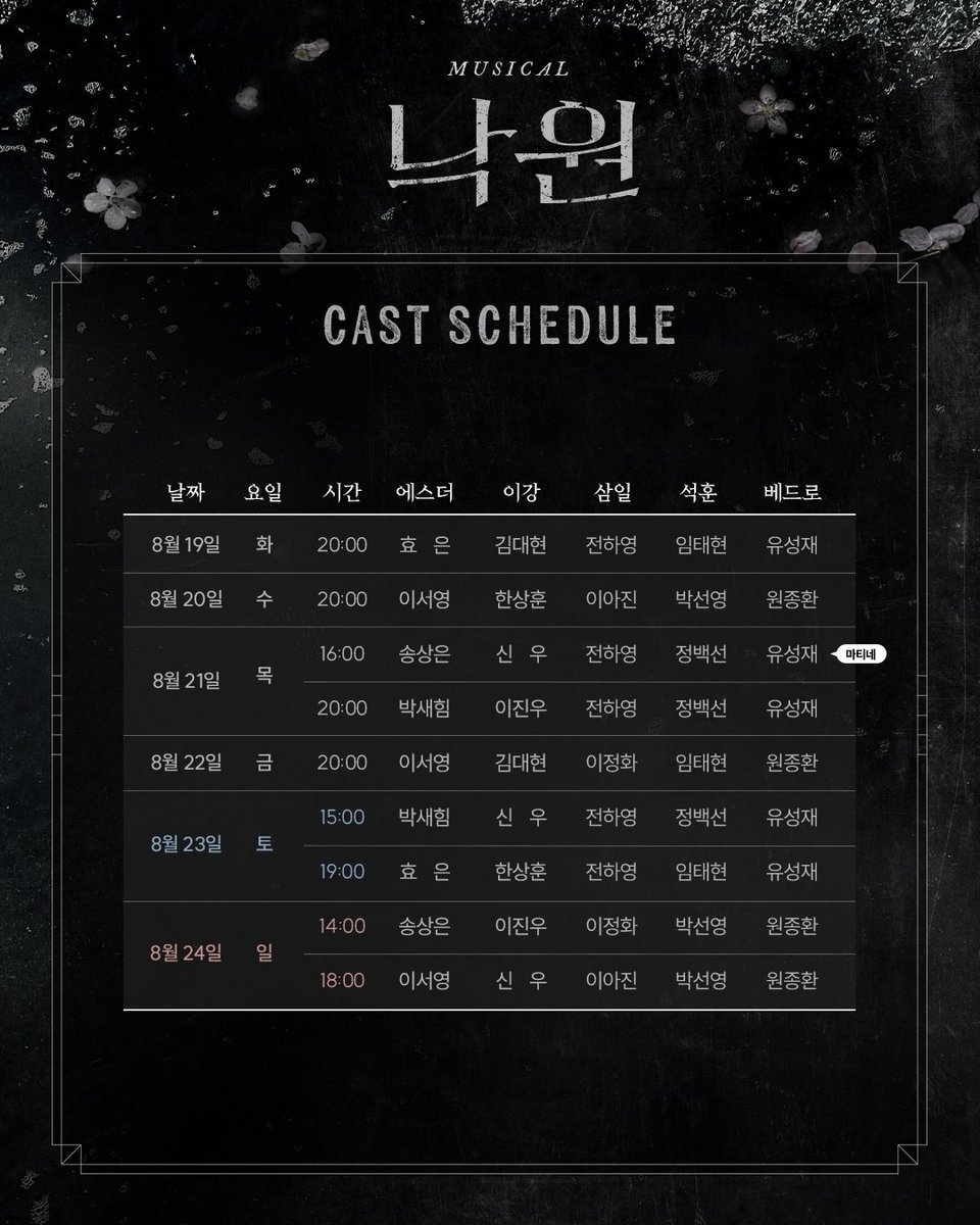 [#낙원]
2차 티켓 오픈 캐스팅 스케줄 안내🌺

오픈 일시 | 7/9(수) 오후 1시
오픈 회차 | 8/5(화) ~ 8/24(일)
예매처 | 티켓링크
_
뮤지컬 낙원
2025.07.15 - 10.12
링크아트센터드림 드림 3관