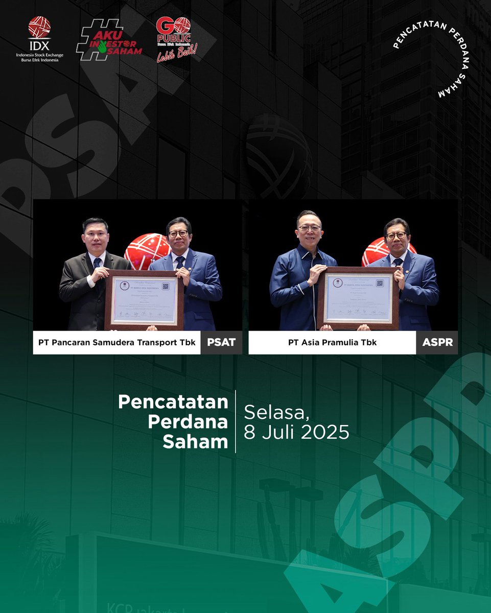 IDX_BEI's tweet photo. #IDXUpdate
Pencatatan perdana saham PT Pancaran Samudera Transport Tbk (Kode Saham: PSAT) dan PT Asia Pramulia Tbk (Kode Saham: ASPR) pada Selasa, 8 Juli 2025.
PSAT dan ASPR merupakan Perusahaan Tercatat ke-15 dan ke-16 di BEI pada tahun 2025.
Informasi selengkapnya: https://t.co/DklnwL4k5J > Berita > Berita