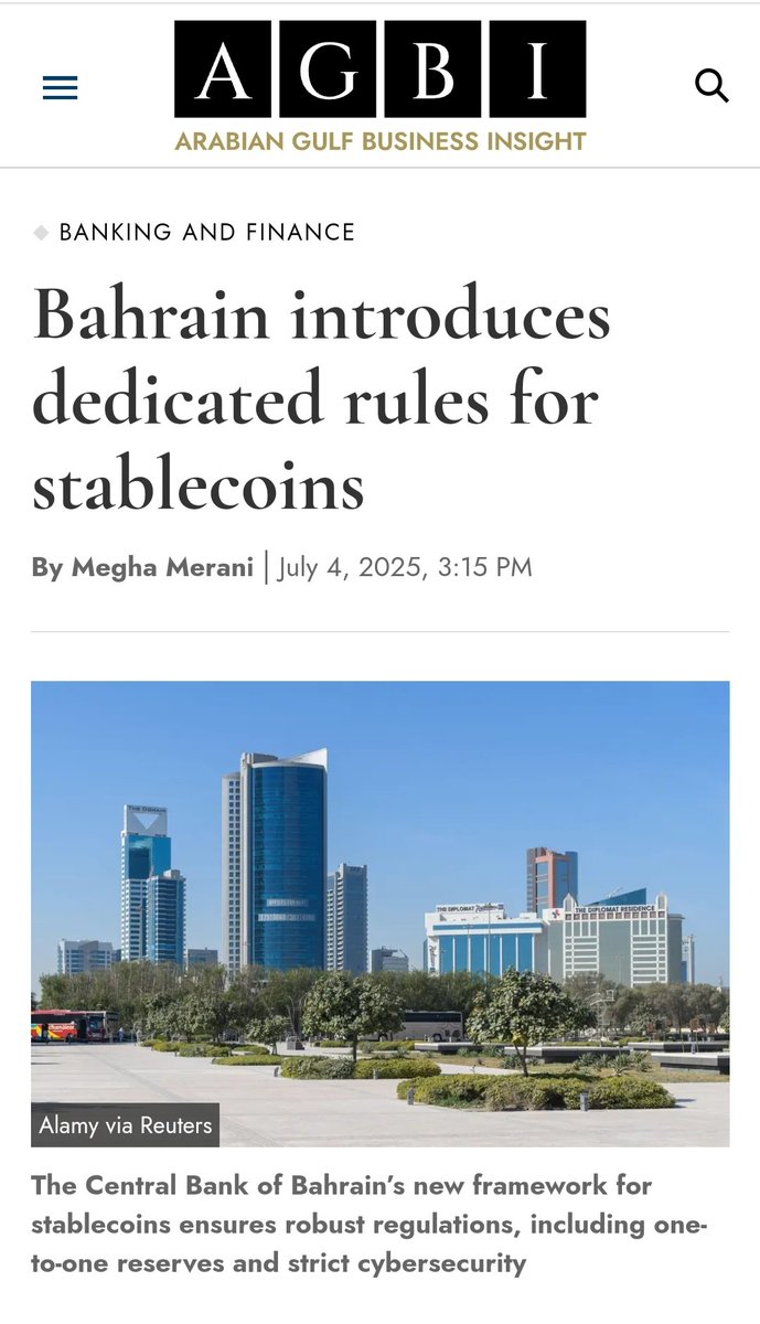 BWA_Ind's tweet image. 🇧🇭 Bahrain Sets a Gulf Precedent on Stablecoin Regulation
The Central Bank of Bahrain has issued the region’s first dedicated stablecoin framework, setting clear rules for fiat-backed tokens.
1. 1:1 reserves in cash or govt securities
2. Mandatory audits & strong…