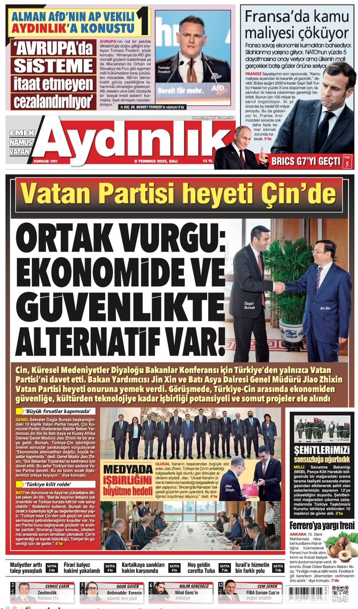 Günaydın
Gününüz ve yolunuz AYDINLIK olsun
Alman AFD'nin AP vekili:
Avrupa'da SİSTEME İTAAT ETMEYEN cezalandırılıyor
Vatan Partisi Heyeti Çin'de
ORTAK VURGU: EKONOMİDE VE GÜVENLİKTE ALTNATİF VAR!