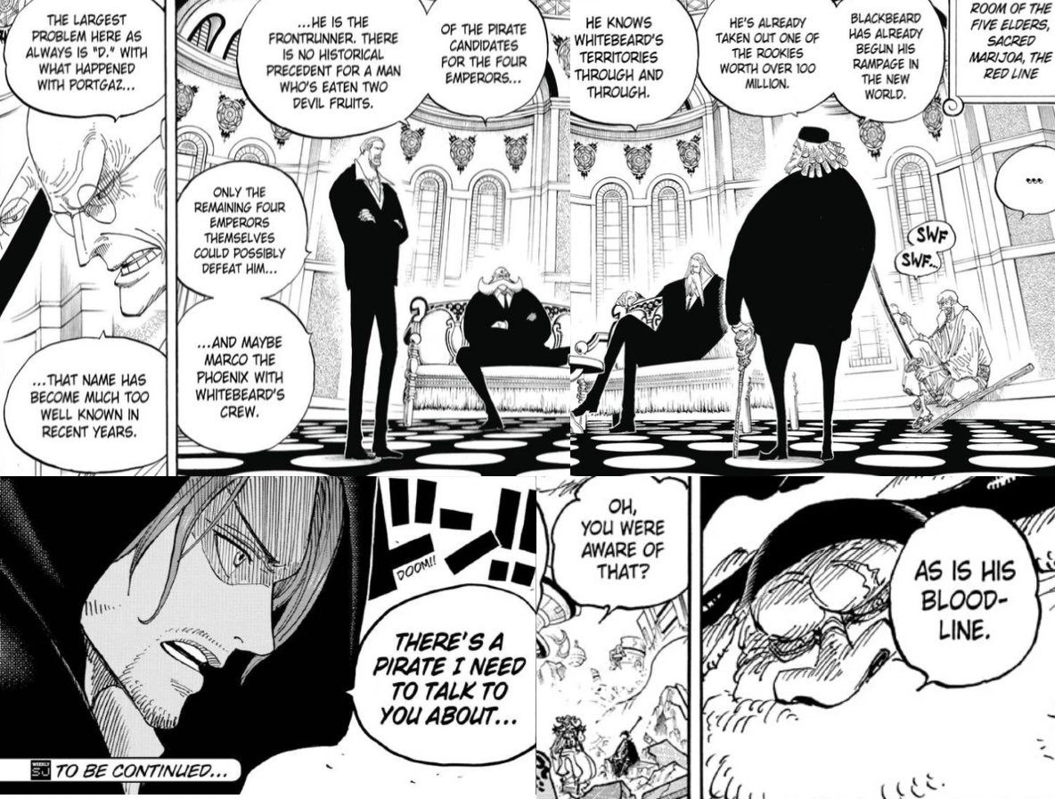 #ONEPIECE1154

I’m 100% sure this isn’t Shamrock and that Shanks told the Gorosei that Blackbeard was the son of Rocks D. Xebec and that’s how they know the secret… 🔥