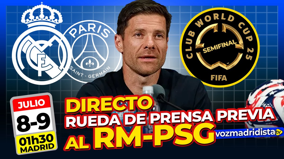 Os espero en directo para que reaccionemos juntos a lo que diga Xabi.

20h30 Buenos Aires
19h30 New York, Santiago de Chile
18h30 Bogotá, Quito, Lima
17h30 México DF
16h30 Los Angeles

01h30 (9-Julio) Madrid

DIRECTAZO RUEDA DE PRENSA PREVIA AL REAL MADRID -PSG MUNDIAL DE CLUBES