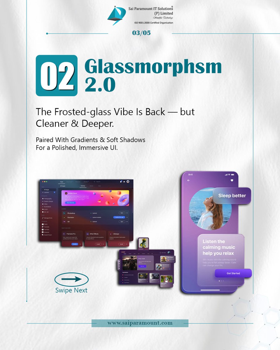 Saiparamount1's tweet image. From AI-powered personalization to sleek dark mode and the return of glassmorphism, these are the trends shaping the future of web &amp;amp; app design.

Let your brand stand out with modern, trend-aligned UI.

#WebDesign2025 #UIDesignTrends #Glassmorphism #UXTrends #ModernUI