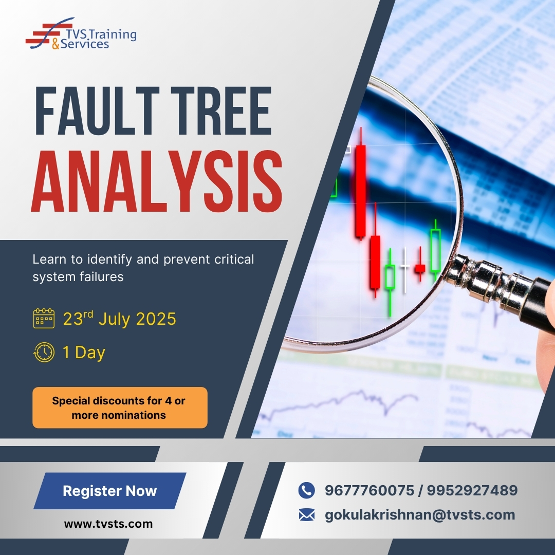 tvs_ts_official's tweet image. 🧠 Fault Tree Analysis (FTA) Training
📅 23 July 2025 | 🕒 1 Day
Learn how to prevent system failures with structured fault logic.
🎯 Discounts for 4+ nominations
🔗 tvsts.com
📞 9677760075 / 9952927489
#FaultTreeAnalysis #FTA #RootCause #TVSTraining #SystemSafety