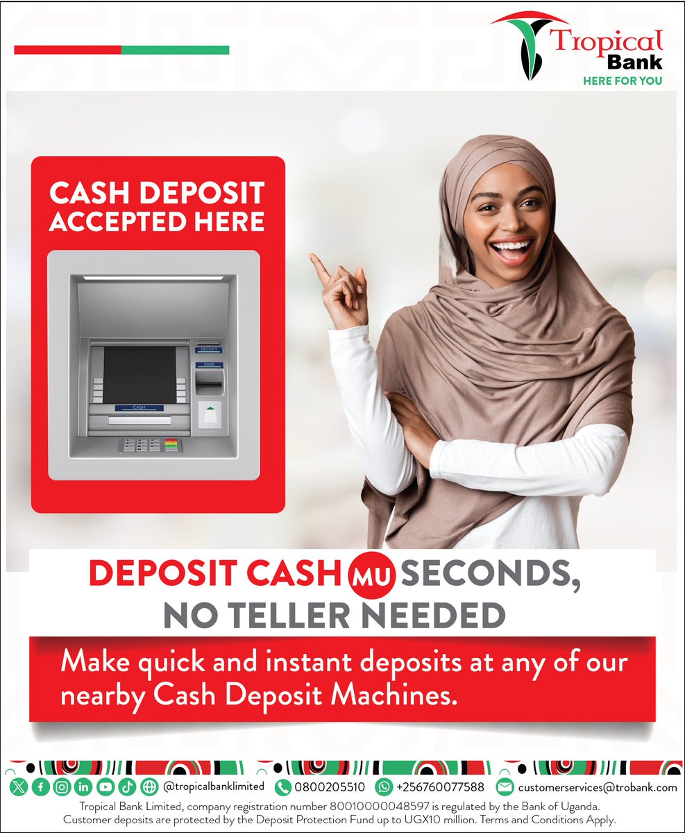 TropicalBankUG's tweet image. Cash Deposit Accepted Instantly!
Deposit your cash in seconds—no teller needed.
Make quick and secure deposits anytime at our nearby Cash Deposit Machines.
#HereForYou #CashDepositMachines #SmartBanking