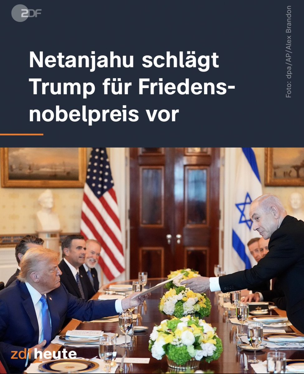 Netanjahu schlägt Trump für den Friedensnobelpreis vor. Klar, und Nestlé für Menschenrechte, Rheinmetall für Umweltschutz und Lindner für soziale Gerechtigkeit.
