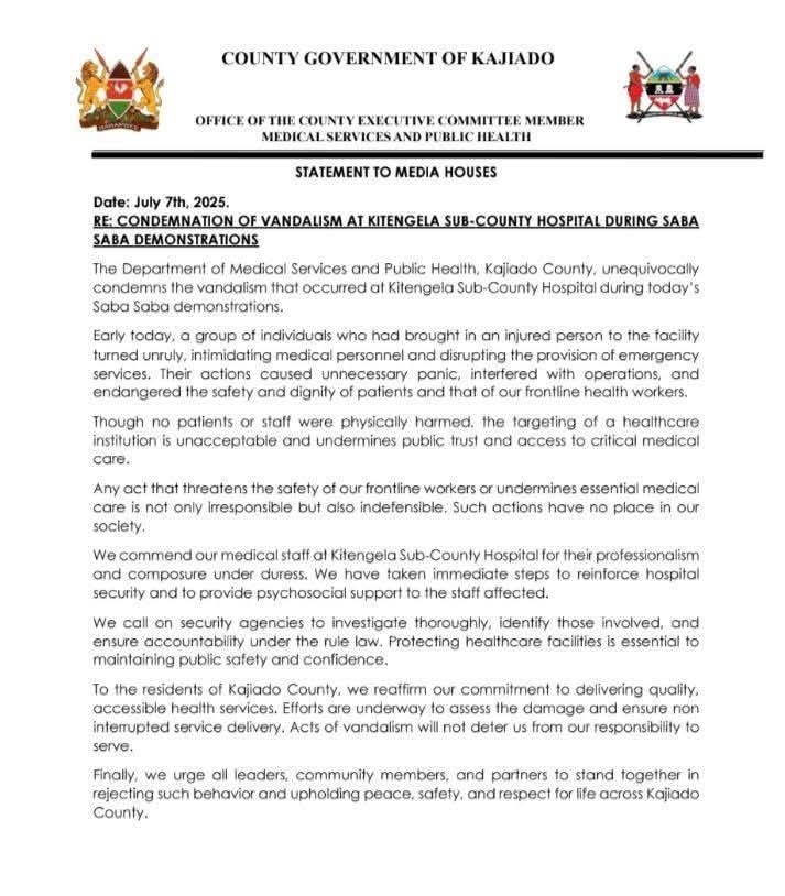 CONDEMNATION OF VANDALISM AT KITENGELA SUB-COUNTY HOSPITAL DURING SABA SABA DEMONSTRATIONS

<a href="/citizentvkenya/">Citizen TV Kenya</a>  | <a href="/K24Tv/">K24 TV</a>  | <a href="/ntvkenya/">NTV Kenya</a>  <a href="/KTNNewsKE/">KTN News</a>  <a href="/StandardKenya/">The Standard Digital</a>  <a href="/Tv47Newske/">tv47ke</a>