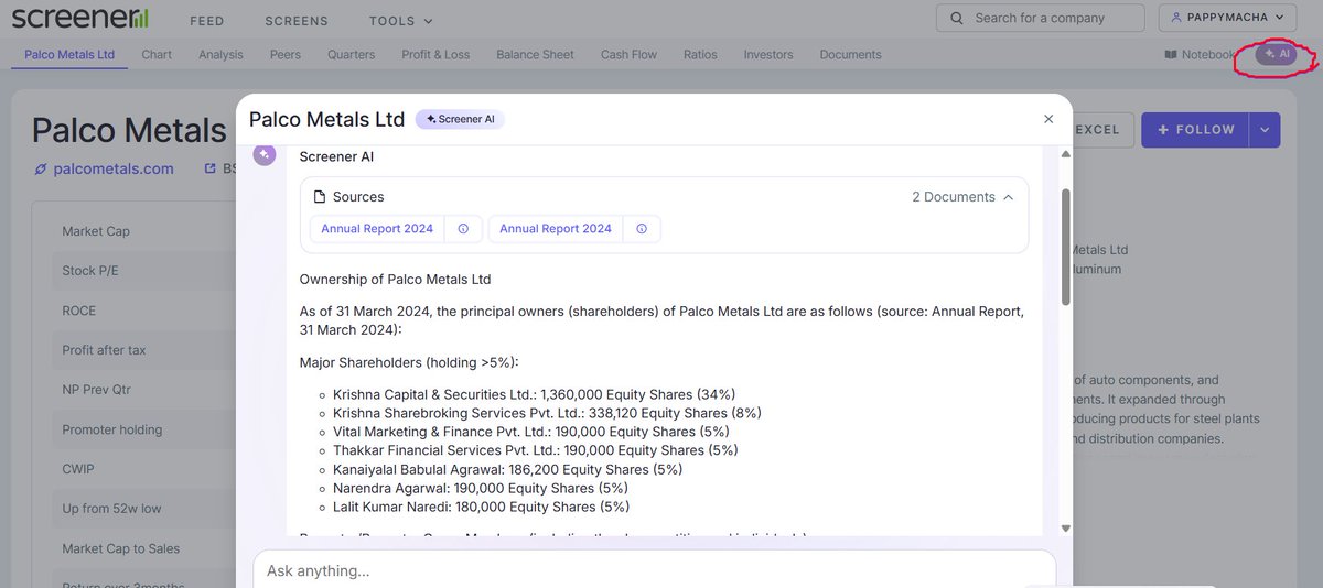 Maaachaaa69's tweet photo. Pleasantly surprised to see (AI) button at top right on @screener_in and tried first time my hands on AI first time ever for stock. 
@ayushmitt @faltoo has made life easier for Investing community by providing so many useful tools yet keeping it clutter free and simple user interface.