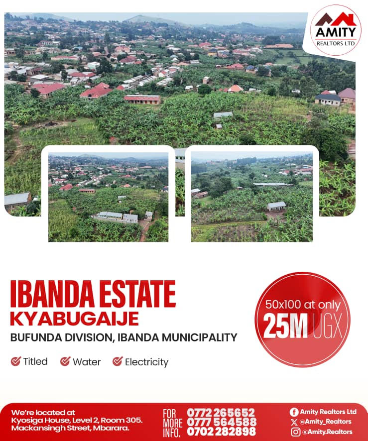 Plots for Sale – Ibanda Estate, Kyabugaije
📍 Bufunda Division, Ibanda Municipality
📐 50x100 ft | 💰 UGX 25M
📄 Titled | 🚰 Water &amp; ⚡ Electricity on site

Perfect for a home or investment!
📞 DM or WhatsApp for details.

#Ibanda #LandForSaleUG