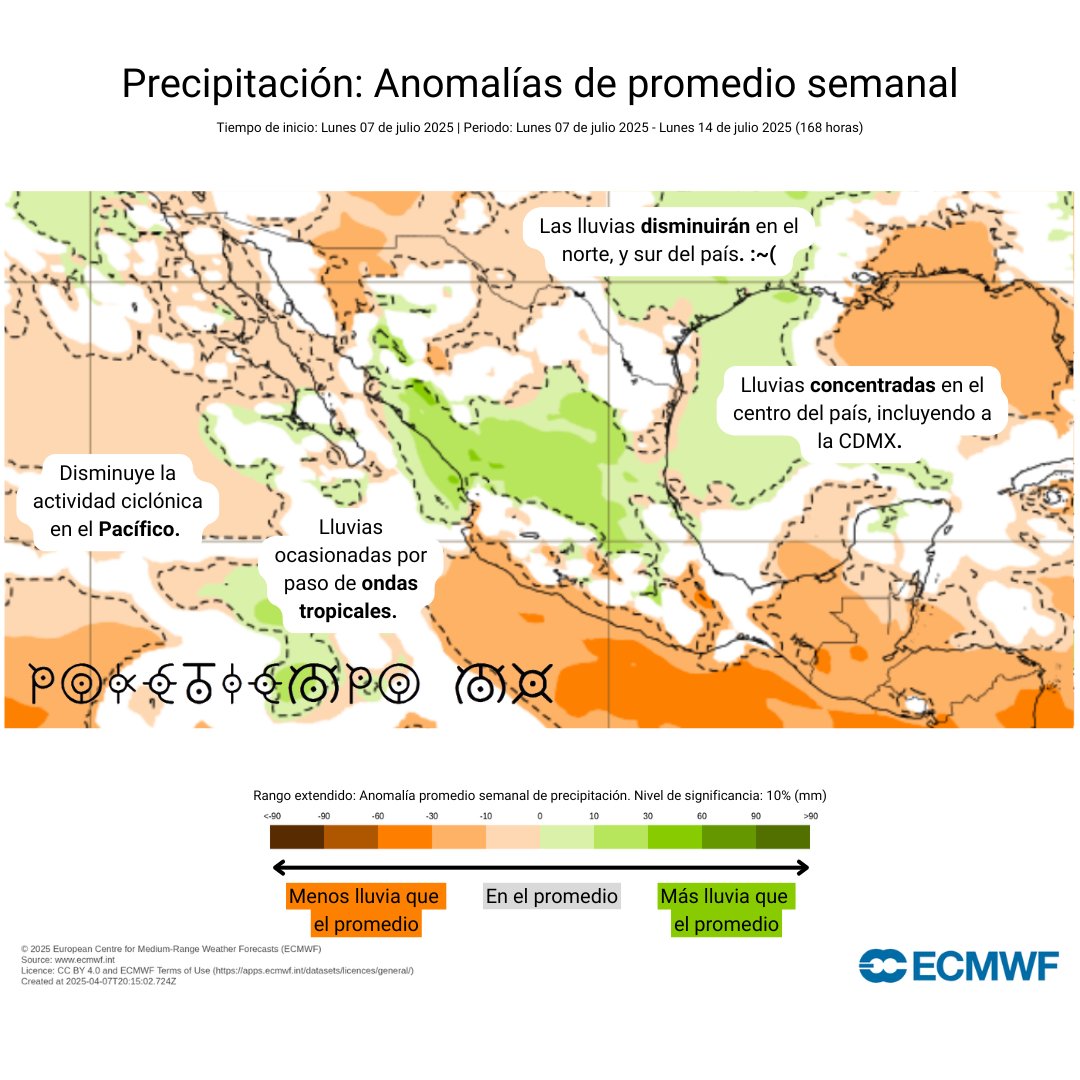 poketiempo_mx's tweet photo. 🟢🟠🔴🔵 ¿Qué le espera a México esta semana?

⛈️🌧️🌀 (Spoiler: Seguirán las #lluvias pero no por ciclones tropicales sino por ondas tropicales.)

🔵🔴 La temperaturas por debajo del promedio se concentrarán en en norte y centro del país.
🟢🟠 Costas de Sinaloa, Nayarit y el centro del país (incluyendo #CDMX) tendrán más #lluvia del promedio mientras que los extremos del norte y sur tendrán menos lluvia del promedio.