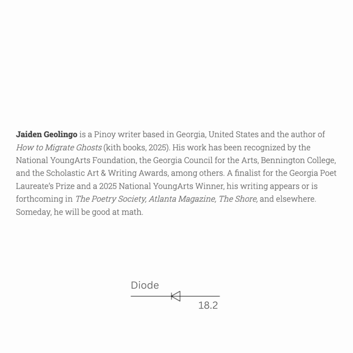 DiodeEditions's tweet image. One of two poems by Jaiden Geolingo
DIODE
18.2
diodepoetry.com/geolingo_jaide…