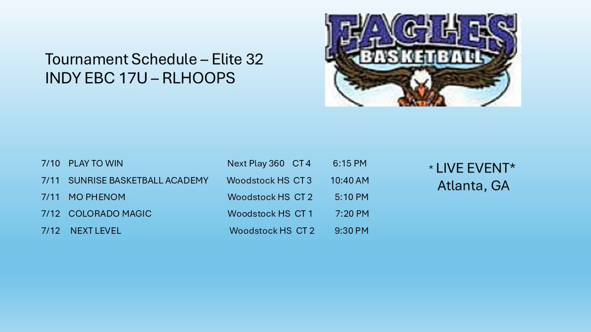 Our 17U RLHOOPS Schedule for the  
ELITE 32 live Event in Atlanta GA  
<a href="/RL_Hoops/">RecruitLook Hoops</a>