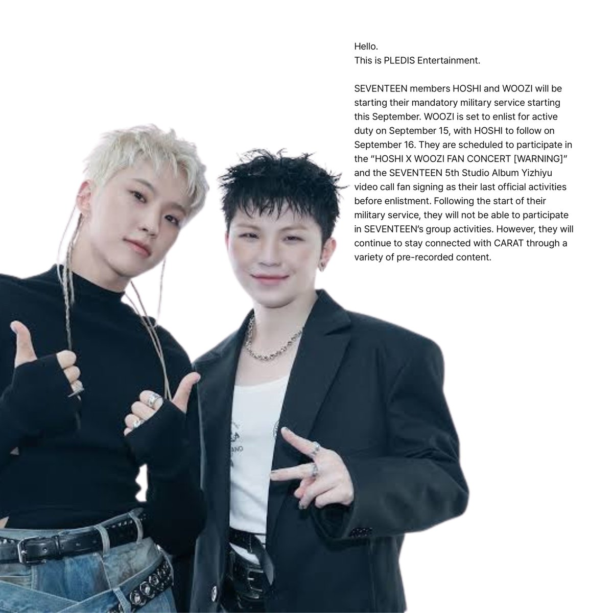 philconcerts's tweet photo. SEVENTEEN’s HOSHI and WOOZI will be starting their mandatory military service in September with WOOZI enlisting on September 15, while HOSHI follows on September 16. https://t.co/zCpoIifkHA