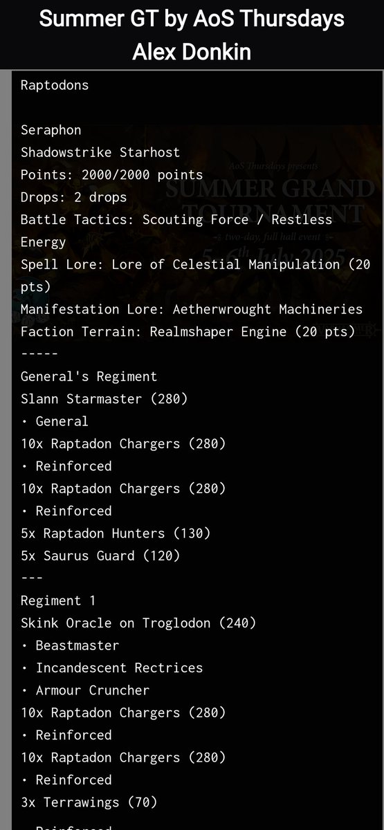 The best Seraphon lists from last weekend's GTs:

Vincent Postel 3-2 with 9x Terradons!
Caid Coburn 3-2 with a balanced list.
Alex Donkin 3-2 with 45x Raptadons!!!