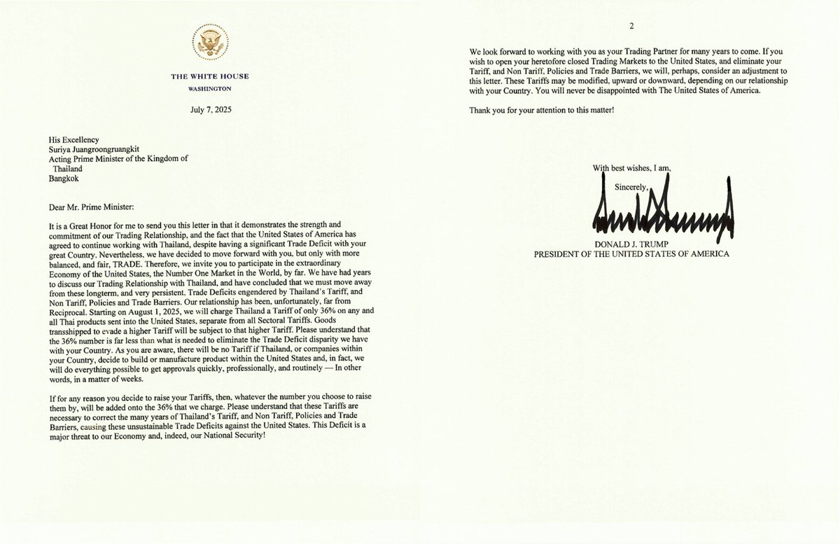 It's interesting that Trump's tariff letter to Malaysia was addressed to the King, not PM Anwar, whereas the letter to Thailand was addressed to the acting PM, not the King. bloomberg.com/news/live-blog…