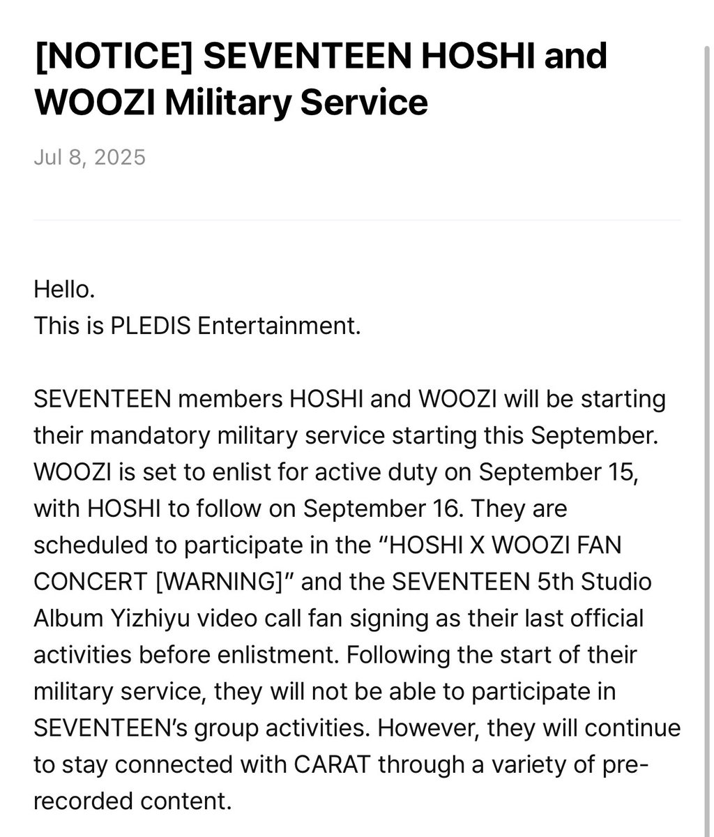 HOWOO ENLISTMENT DATES 😭

woozi - sept 15
hoshi - sept 16

😭😭😭😭😭