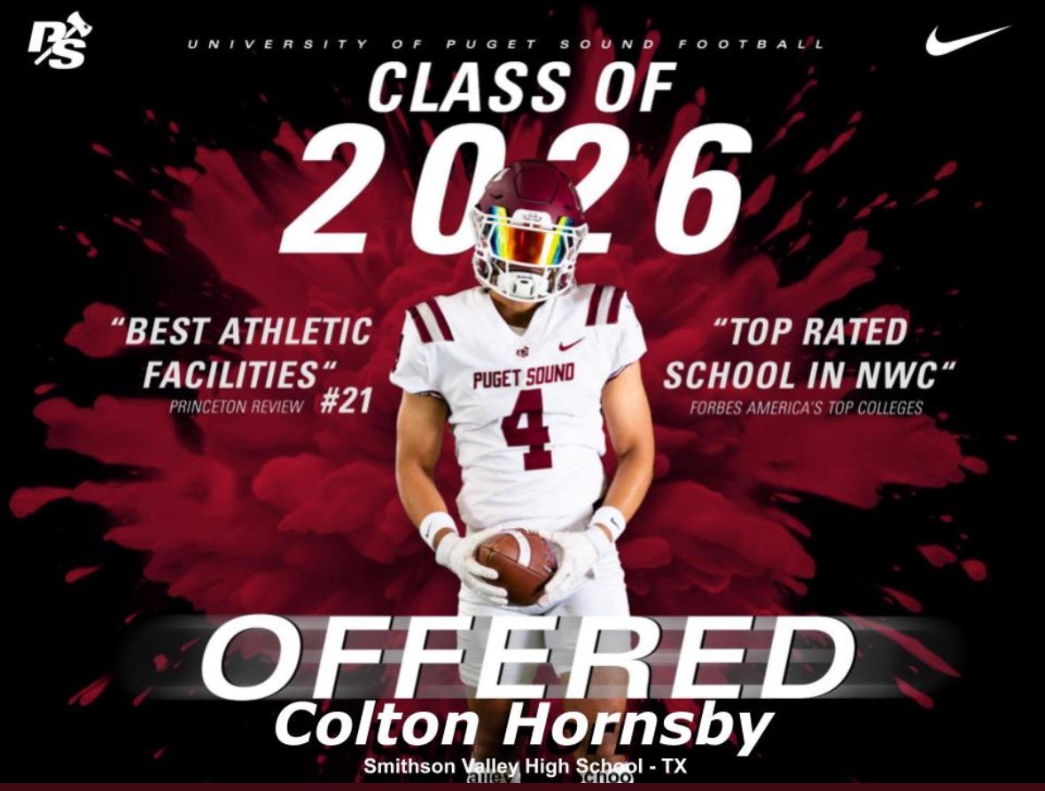 Colton Hornsby (@colton_hornsby) on Twitter photo I want to thank <a href="/KeimTimeFB/">Jud Keim - U. of Puget Sound FB. Co-DC/Secondary</a> and <a href="/P_S_football/">Puget Sound Football</a> for the opportunity and offer to come play in the Northwest. I look forward to learning more about the program. #loggerup <a href="/SV_RangerFB/">SV Ranger Football</a> <a href="/SA_HCPreps/">SA_Hill CountryPreps</a> <a href="/StarStatePreps/">Star State Preps</a> I want to thank <a href="/KeimTimeFB/">Jud Keim - U. of Puget Sound FB. Co-DC/Secondary</a> and <a href="/P_S_football/">Puget Sound Football</a> for the opportunity and offer to come play in the Northwest. I look forward to learning more about the program. #loggerup <a href="/SV_RangerFB/">SV Ranger Football</a> <a href="/SA_HCPreps/">SA_Hill CountryPreps</a> <a href="/StarStatePreps/">Star State Preps</a>